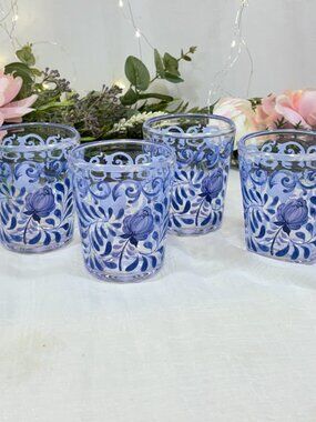 Artisan de Luxe Rose Blue SCROLL Acrylic Juice Tumblers Drinking Glasses Set 4